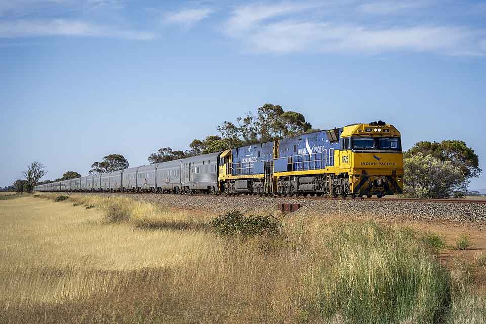 NR26 leads the Indian Pacific passenger train on its final stretch from Perth to Adelaide through Mallala, SA in November 2025